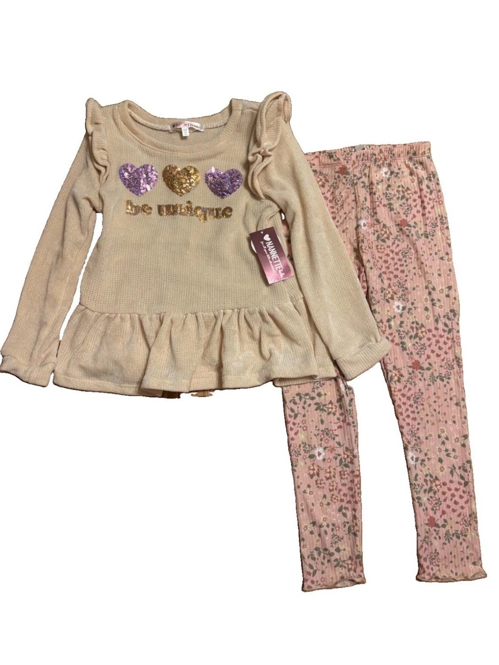 Nannette Girls Ruffle Top & Floral Leggings Set - 'Be Unique' Hearts Size 6X